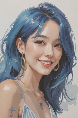 (Best quality, Good Quality, masterpiece, Super Quality, Gouache painting, Gouache, ligne_claire, realistic, painting, Portrait), 1girl, Seductive smile, Watercolor, Blue hair, Negative spaces, Abstract, Impression, Korean, Necklace, ear rings, small tattoo, Piercing, Deep V_Neck