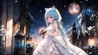(extremely detailed CG unity 8k wallpaper,masterpiece, best quality, ultra-detailed, best illumination, best shadow, an extremely delicate and beautiful,highres, original, ultra-detailed, colorful), (cat_ears,cat_tail,catgirl), (flat size breast),twin_tails, ribbon bow, pink ribbon, tail stat from coccix, (loli,wedding dress,wedding hood,profile view), lily flowers, hair ornaments, small girl, low age, night, stars,crying, sad face, looking at star,sit, holding a flower,Night scene