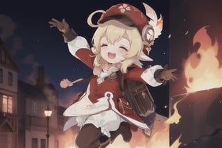 cute,klee \(genshin impact\),bloomers, brown gloves, knee boots, cabbie hat, red coat, scarf, backpack,open mouth smile,closed eyes,jumping happy,hands in the air,((town)),((backround on fire))