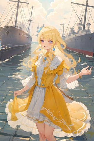 picturesque,aesthetic,1girl,solo,best quality, looking at viewer,masterpiece,expressive eyes, perfect face,complex, dramatic lighting, rim lighting,NaviaGenshin,very long hair,thick hair,twirl hair,alternate costume,victorian yellow dress, puffy dress, holding viewer's hand,pov,one step forward, smile, european town, cobble street, eccentric hat with medieval marine ship on top (matching dress colors),