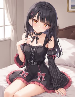 looking at viewer, blush, bangs, shirt, black hair, hair ornament, jewelry,yellow eyes,short sleeves, earrings, detached sleeves, choker, hairclip, striped, indoors, mullet hairstyle ,nail polish, collar, fingernails, head tilt, gothic lolita,black shirt, ear piercing, pink nails, belt collar,  striped sleeves,hotelroom,nighttime,sitting on the bed