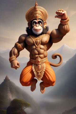 Hanuman, the Hindu monkey god, with a muscular body and a calm face, black eyes, lifting a mountain in one hand, flying in the sky
