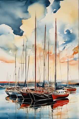 Sketch in liquid metallic ink of a peaceful scene of several sailboats anchored in calm waters. The ships have different colors and tall masts that are reflected in the water. In the background,

a red lighthouse stands out from the rest of the landscape. The image creates a feeling of tranquility and harmony,

((creation of SALVADOR DALI)),

Masterpiece of surrealism, creation of great pictorial beauty,in the style of LeCinematique