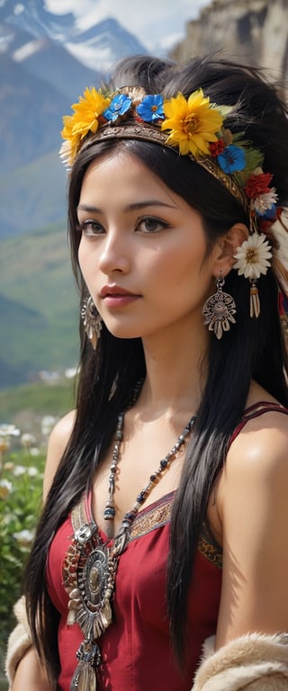 xxmixgirl, realism, realism, best detail, realism, best quality, (fidelity),(reality: 1.2), a girl, long hair, black hair, lips, exotic, exotic style, Tibetan clothing, spike necklace, earrings, bracelet, bracelet, fur, summer clothing, cool, headdress, flowers, Tibetan headdress, hada, mountains, leav, hair, national, air, summer, Sun, look at the audience, Front Photo