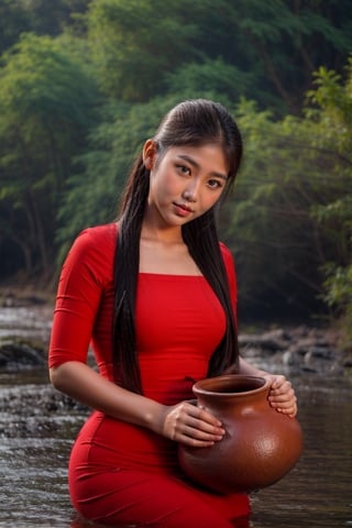 beautiful myanmar woman, 1water pot, brown dress, stream, forest, 
perfect body, perfect face, perfect hands, 4K, realistic,  photorealistic, masterpiece