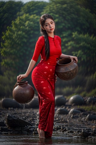 beautiful myanmar woman,1water pot,cravy, shapely,  standing on village street, holding, perfect body, perfect face, perfect hands, 4K, realistic,  photorealistic, masterpiece