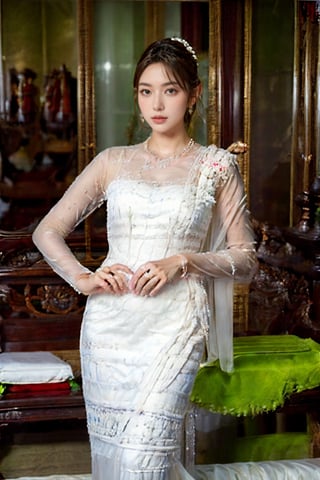 masterpiece, best quality, 1girl, solo, wearing white myanmar traditional wedding dress, standing, beautiful and delicate, feminien, perfect hands, perfect fingers, highest detailed