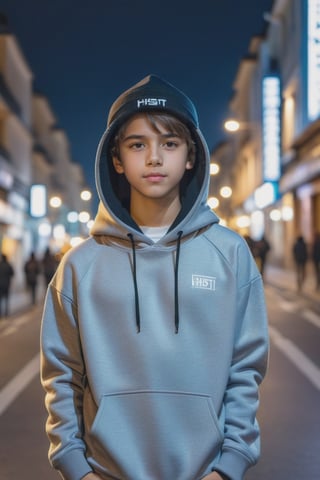 high-definition 8k photo in phst artstyle with beautiful lighting of a half-body medium-shot of a 14 year old young boy standing on street with city background, wearing outdoor hoodie, beanie, selfie,3l3ctronics
