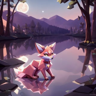 low polygon vixen, pink fur and countershading, pink hair, pink tail, yellow eyes, visible fox paws, have collar, is drinking near a river, have piercings, background, shadow, moon light, reflected light on the fur, backlighting,masterpiece, shaded, high detail, low poly res, low poly style,Spirit Fox Pendant