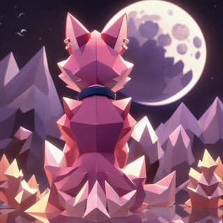 solo low polygon vixen, pink fur and countershading, pink hair, pink tail, in front of the moon, visible fox paws, have collar, back view, have piercings, background, low poly ocean, moon light, reflected light on the fur, backlighting,masterpiece, shaded, high detail, low poly res, low poly style,Spirit Fox Pendant