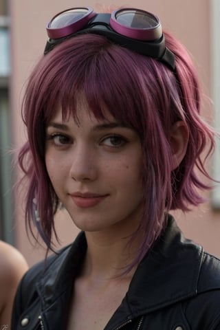 18 years old teen,(((full naked))), sexy smile ,freckles, (((pink hair cut short all around, except for two long front pieces on either side of her face with a  ramona flowers goggles))),edgy, femme, and emo looks hair, looking at one side, graving her breast,nipples,high definition, 8k, photography, naked