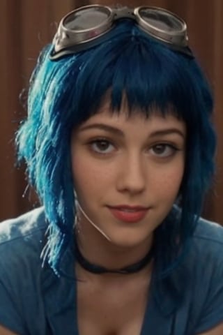 18 years old teen,(((full naked))), sexy smile ,freckles, (((blue hair cut short all around, except for two long front pieces on either side of her face with a  ramona flowers goggles))),edgy, femme, and emo looks hair, looking flirtatiously to the side, graving her breast,nipples,high definition, 8k, photography, laying down in her bed and spreading her legs, dildo in her vagina