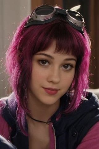 18 years old teen,(((full naked))), sexy smile ,freckles, (((hair cut short all around, except for two long front pieces on either side of her face pink color with a  ramona flowers goggles))),edgy, femme, and emo looks hair, looking at one side, graving her breast,nipples,high definition, 8k, photography, laying down in her bed and spreading her legs, dildo in her vagina