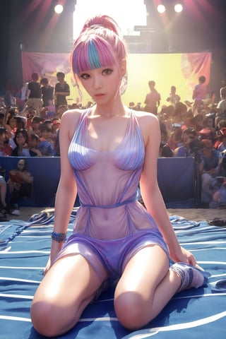 1girl, looking at viewer, thigh up body, kpop idol, styled outfit, on stage, professional lighting, different hairstyle, coloful,on the beach,best quality, masterpiece,flat chest,transparent pareo,sexy pose,nyubara reona