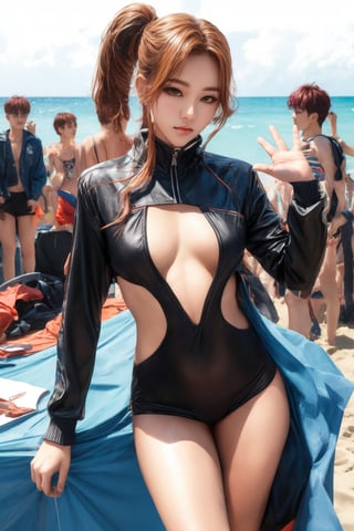1girl, looking at viewer, thigh up body, kpop idol, styled outfit, on stage, professional lighting, different hairstyle, coloful,on the beach,best quality, masterpiece,flat chest,transparent pareo,sexy pose,loid_forger