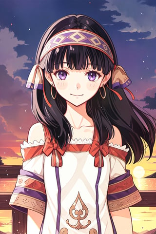 1girl,solo,best quality, masterpiece,expressive eyes, perfect face,complex, dramatic lighting, rim lighting,smile,((hand moving hair off ear)),looking at viewer,sunset,very long hair, black hair,purple eyes, short sleeves,headband