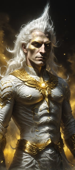 man , sungod , white hair , white and golden god uniform , 16k , golden lightinig eyes , very perfect body and face , anger face with laughing , in the sky , sunset  

,Obsidian Enigma Art Style,Gric,photo r3al