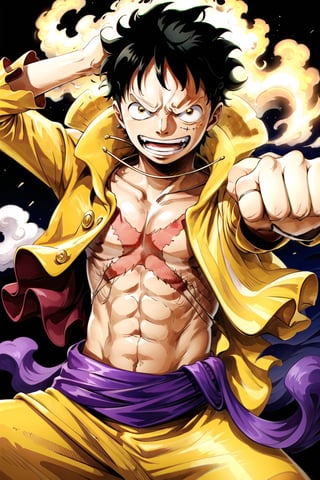 1utf1,gear fifth, monkey D. Luffy, 1boy, yellow outfit, golden belt, golden flower on hair, golden jacket, portrait, solo , angry face , 16k , perfect body
