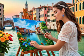 A beautiful 23-year-old woman is painting on canvas the aqueducts, buildings and bridges of Venice, Italy.
Easel, canvas, brush, palette
((ultra realistic:1.5)), very hyper detailed, (masterpiece,  top quality,  best quality,  official art,  beautiful and aesthetic:1.2),  extremely detailed, (fractal art:1.1), (colorful:1.1)(flowers:1.3), highest detailed, (zentangle:1.2),  (dynamic pose),  (abstract background:1.3),  (many colors:1.4),  , (earrings),  (feathers:1.5).,  (masterpiece, best quality:1.5), photo-like,photo r3al
