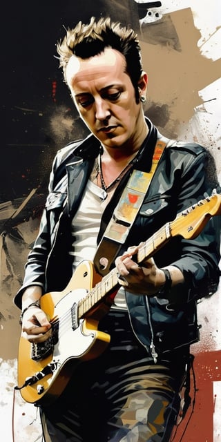 ((Portrait of Joe Strummer)), The Clash, The Mescaleros, london calling, slender body, seductive, muted colors, ((Strumming a battered black Telecaster)), Dynamic pose, Digital painting , ((Illustration Depth)), Fighting Pose, Frontal Image, Haunting, Very Intricate Work, Drawing Style by Milo Manara and Russ Mills, Drawing Style, 2D