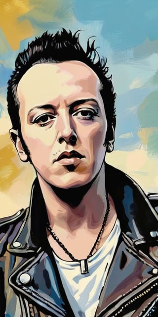 ((Portrait of Joe Strummer)), ((Portrait of a face)), Black leather jacket, The Clash, The Mescaleros, ((London Calling)), Subdued colors, Digital painting, ((Illustration) depth)), fighting pose, frontal image, unforgettable, highly complex work, drawing style, drawing style, 2D by Milo Manara ,2D