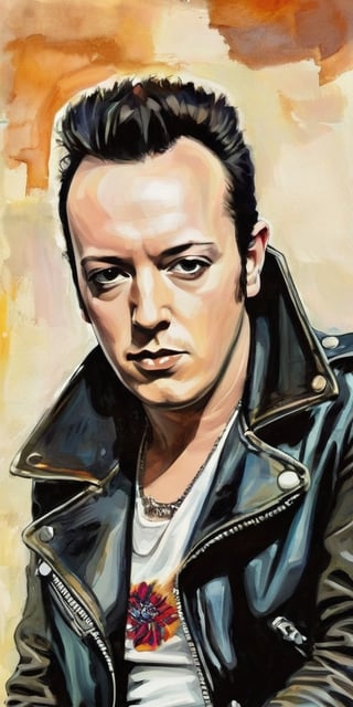 ((Portrait of Joe Strummer)), ((Portrait of a face)), Black leather jacket, The Clash, The Mescaleros, ((London Calling)), Subdued colors, Digital painting, ((Illustration) depth)), fighting pose, frontal image, unforgettable, highly complex work, drawing style, drawing style, 2D by Milo Manara ,2D