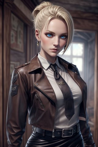 shirt,female_agent,mini_skirt,enemy_base,More Detail,earring,leather_glove,firearm,neck_tie,leather_jacket,belt,detailed_face,detailed_hair,,detailed_eyes,full_body