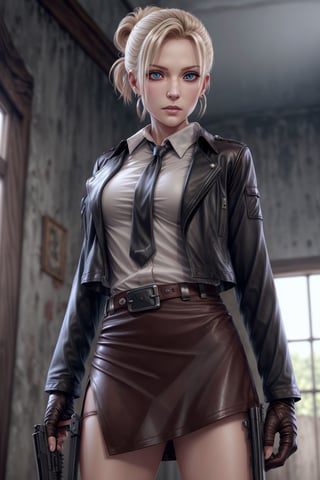 shirt,female_agent,mini_skirt,enemy_base,More Detail,earring,leather_glove,firearm,neck_tie,leather_jacket,belt,detailed_face,detailed_hair,,detailed_eyes,full_body,BOTTOM VIEW,underwear