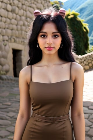 creates a real 21-year-old girl, 1.70 tall, Brazilian Latina, light eyes, black straight hair, wearing a brown-colored dress, looking deeply into the camera, riding a black unicorn and this one in the citadel of Machu Picchu