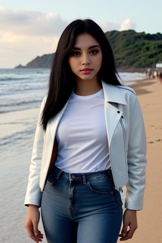 creates a real 21-year-old girl, 1.70 tall, Brazilian Latina, light eyes, black straight hair, wearing a blue colour jeans and white t-shirt and  black leather jacket, looking deeply into the camera, beach in background,