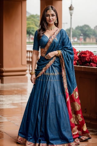 1girl, solo_focus, a ultra real full body shot photo of 28 years old New Delhi Actress, with long brown hair and intricate details of her perfect face. Her dress ((a dark red colored saree, a denim jacket, a long denim skirt)), perfect eyes, wearing ((high heels brown long heels)), her skin complexion is very fair, outdoors, buildings, walking, road traffic, real-world location, Indian,Woman, eyeglass real, look in camera, shopping in a mall,indian_bride