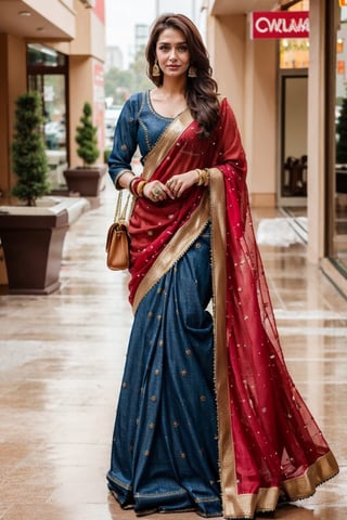 1girl, solo_focus, a ultra real full body shot photo of 28 years old New Delhi Actress, with long brown hair and intricate details of her perfect face. Her dress ((a dark red colored saree, a denim jacket, a long denim skirt)), perfect eyes, wearing ((high heels brown long heels)), her skin complexion is very fair, outdoors, buildings, walking, road traffic, real-world location, Indian,Woman, eyeglass real, look in camera, shopping in a mall,indian_bride