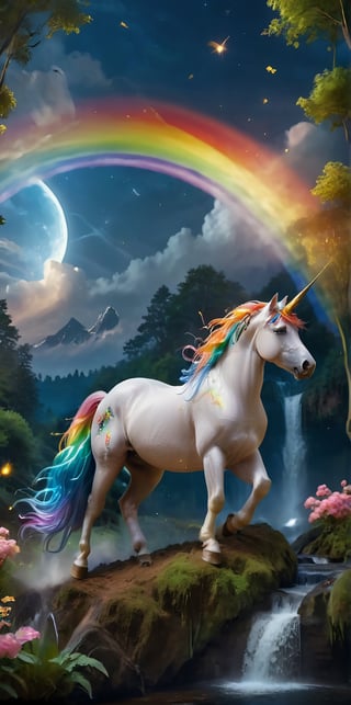 score_9, score_8_up, score_7_up, score_6_up, 
Unicorn, Rainbow Unicorn, Magic Forest, Night sky, moon, fireflies, waterfalls,
(Masterpiece, Best Quality, 8k:1.2), (Ultra-Detailed, Highres, Extremely Detailed, Absurdres, Incredibly Absurdres, Huge Filesize:1.1), (Photorealistic:1.3), By Futurevolab, Portrait, Ultra-Realistic Illustration, Digital Painting. 