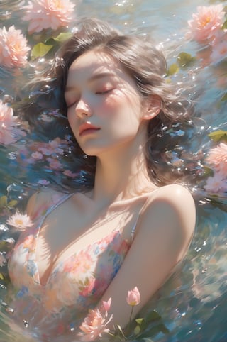 I dreamt of being enveloped by the gentle rhythm of water, my heart wandering through a realm of floral fragrance, chest shot, ultra-detail, looking at viewer, detailed face, nsfw, nude, 