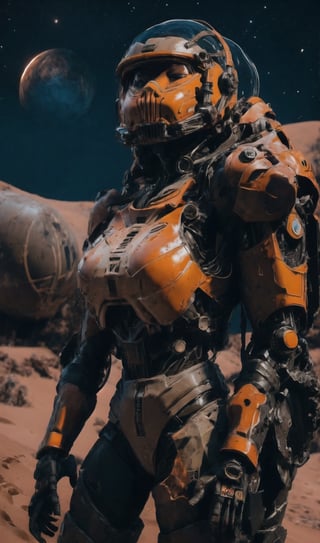 AC3050, a girl, wearing a mecha space suit with high-cut design, tactical camouflage, assimilate into the environment, transparent helmet，tactical battle Vest，carry heavy weapons, on a vast red earth planet, the weather is hot and the sky is full of wind and sand, lava fountain, in the complex dark background, sky full of stars, big red moon, grain film, realistic lights and shadow, 8k high-quality, ultra-detail, wild-angle view, look back, The armor is full of battle scars,cyberpunk style,photo taken from behind,