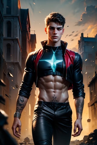 best quality, masterpiece,	(Handsome Latino guy, 18year old:1.5),	(Marvel theme:1.4), Superman costume,	(body covered in words, words on body:1.2, tattoos of (words) on body:1.4), (a fine beard:0.8),	(a model look:1.1),	16K, (HDR:1.4), high contrast, bokeh:1.2, lens flare,	half body view,	beautiful and aesthetic, vibrant color, Exquisite details and textures, cold tone, ultra realistic illustration,siena natural ratio, anime style, 	long Wave black hair,	a black zipped jacket, black pants, 	ultra hd, realistic, vivid colors, highly detailed, UHD drawing, perfect composition, ultra hd, 8k, he has an inner glow, stunning, something that even doesn't exist, mythical being, energy, molecular, textures, iridescent and luminescent scales, breathtaking beauty, pure perfection, divine presence, unforgettable, impressive, breathtaking beauty, Volumetric light, auras, rays, vivid colors reflects.