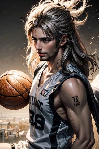 best quality, masterpiece,	(Handsome European guy, 45year old:1.5),	(Basketball theme:1.2), a basketball player,	(body covered in words, words on body:0, tattoos of (words) on body:0), (a fine beard:1.0),	(a curious look:1.2),	a muscular body, 16K, (HDR:1.4), high contrast, bokeh:1.2, lens flare,	head to thigh portrait,	beautiful and aesthetic, vibrant color, Exquisite details and textures, cold tone, ultra realistic illustration,siena natural ratio, anime style, 	long Wave gray hair,	ultra hd, realistic, vivid colors, highly detailed, UHD drawing, perfect composition, ultra hd, 8k, he has an inner glow, Broken Glass effect, stunning, something that even doesn't exist, mythical being, energy, molecular, textures, iridescent and luminescent scales, breathtaking beauty, pure perfection, divine presence, unforgettable, impressive, breathtaking beauty, Volumetric light, auras, rays, vivid colors reflects.