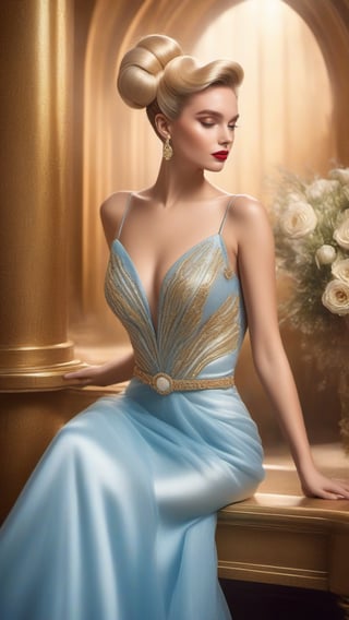 best quality, masterpiece,
A stunning Italian girl, her hair elegantly tied in a blonde bun, wears a modern interpretation of Art Nouveau, dressed in a sky-blue pastel gown with a chic fur-trim capelet, her ensemble a tribute to the sophisticated styles and hairstyles of the 1930s, mirroring the classic allure of Hollywood's golden era.
ultra realistic illustration, siena natural ratio, ultra hd, realistic, vivid colors, highly detailed, UHD drawing, perfect composition, ultra hd, 8k, he has an inner glow, stunning, something that even doesn't exist, mythical being, energy, molecular, textures, iridescent and luminescent scales, breathtaking beauty, pure perfection, divine presence, unforgettable, impressive, breathtaking beauty, Volumetric light, auras, rays, vivid colors reflects.,
