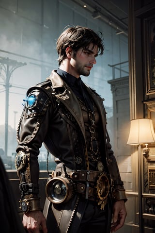 best quality, masterpiece,	(muscular European guy, 28year old:1.5),	(Steampunk theme:1.4), Steampunk Warrior,	(body covered in words, words on body:0, tattoos of (words) on body:0), (a fine beard:0.5),	(a Cruel look:1.2),	cinematic lighting, ambient lighting, sidelighting, cinematic shot,	Waist-up Side-view,	beautiful and aesthetic, vibrant color, Exquisite details and textures, cold tone, ultra realistic illustration,siena natural ratio, anime style, 	shot Wave blonde hair,	ultra hd, realistic, vivid colors, highly detailed, UHD drawing, perfect composition, ultra hd, 8k, he has an inner glow, stunning, something that even doesn't exist, mythical being, energy, molecular, textures, iridescent and luminescent scales, breathtaking beauty, pure perfection, divine presence, unforgettable, impressive, breathtaking beauty, Volumetric light, auras, rays, vivid colors reflects.