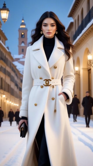 best quality, masterpiece.	Amidst a serene snow-covered landscape, a beautiful Argentine girl stands as a vision of modern grace, her long wavy black hair flowing beneath a chic white wool coat inspired by the opulence of Rococo, Chanel, and Versace.	Her attire is meticulously curated with fashionable accessories, infusing a touch of Hollywood glamour into the noble profession, showcasing a unique style that marries professional dedication with the sophistication of a star, creating a look that is both empowering and enchanting.	ultra realistic illustration,siena natural ratio, by Ai Pic 3D,	16K, (HDR:1.4), high contrast, bokeh:1.2, lens flare,	head to toe,	A beautiful 18-year-old girl walking down an winter street, snow, Night view, Western, tomboy