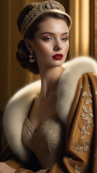 best quality, masterpiece.	Capturing the essence of a beautiful Dutch girl with a light brown ponytail, her silhouette is gracefully defined by an elegant dress from the 40s, embodying luxury and style reminiscent of the Rococo era, reinterpreted through the lens of Chanel and Versace's modern opulence.	Her ensemble is gracefully complemented by a lavish fur trim capelet, embodying the extravagance of old-world charm. Fashion accessories carefully chosen to enhance her look underscore her status as a modern-day Hollywood star, radiating timeless elegance with a contemporary edge.	ultra realistic illustration,siena natural ratio, by Ai Pic 3D,	cinematic lighting, ambient lighting, sidelighting, cinematic shot,	Full length view,	super focus, face highlight, detailed face, 8k resolution, photo, face detail, in the style of photographer Helmut Newton, digital Art, perfect composition, beautiful detailed intricate insanely detailed octane render trending on artstation, 8 k artistic photography, photorealistic concept art, soft natural volumetric cinematic perfect light, chiaroscuro, award - winning photograph, masterpiece, oil on canvas, raphael, caravaggio, greg rutkowski, beeple, beksinski, giger