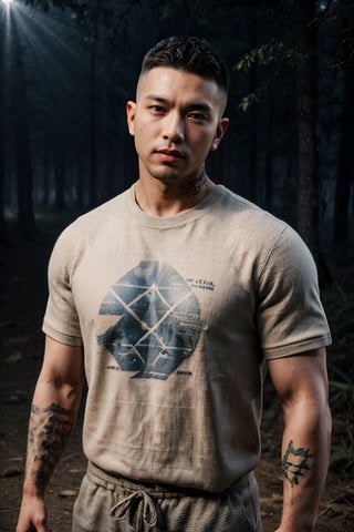 best quality, masterpiece,	(Handsome asian guy, 32year old:1.5),	(battlefield theme:1.4), Dark Knight,	(body covered in words, words on body:1.4, tattoos of (words) on body:1.6), (a fine beard:0.9),	(a casual look:1.8),	16K, (HDR:1.4), high contrast, bokeh:1.2, lens flare,	half body view,	beautiful and aesthetic, vibrant color, Exquisite details and textures, cold tone, ultra realistic illustration,siena natural ratio, anime style, 	Short Blunt Cut Bob haircut,	wearing a white and blue T-shirt, white and blue PUMA sweatpants,	ultra hd, realistic, vivid colors, highly detailed, UHD drawing, perfect composition, ultra hd, 8k, he has an inner glow, stunning, something that even doesn't exist, mythical being, energy, molecular, textures, iridescent and luminescent scales, breathtaking beauty, pure perfection, divine presence, unforgettable, impressive, breathtaking beauty, Volumetric light, auras, rays, vivid colors reflects.