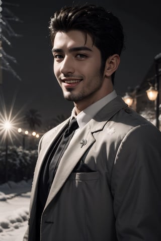 best quality, masterpiece,	(Handsome Arab guy, 18year old:1.5),	(snow theme:1.4),	(body covered in words, words on body:0, tattoos of (words) on body:0), (a fine beard:0),	(a beautiful smile:1.1),	16K, (HDR:1.4), high contrast, bokeh:1.2, lens flare,	half body view,	beautiful and aesthetic, vibrant color, Exquisite details and textures, cold tone, ultra realistic illustration,siena natural ratio, anime style, 	a very short brown hairstyle,	wearing brown suit with red tie,	ultra hd, realistic, vivid colors, highly detailed, UHD drawing, perfect composition, ultra hd, 8k, he has an inner glow, stunning, something that even doesn't exist, mythical being, energy, molecular, textures, iridescent and luminescent scales, breathtaking beauty, pure perfection, divine presence, unforgettable, impressive, breathtaking beauty, Volumetric light, auras, rays, vivid colors reflects.