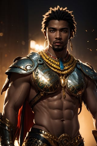 best quality, masterpiece,	(Handsome African- American guy, 24year old:1.5),	(fantasy theme:1.4), Warrior costume,	(body covered in words, words on body:0, tattoos of (words) on body:0), (a fine beard:0),	(a Cruel look:1.2),	a muscular body, 16K, (HDR:1.4), high contrast, bokeh:1.2, lens flare,	head to thigh portrait,	beautiful and aesthetic, vibrant color, Exquisite details and textures, cold tone, ultra realistic illustration,siena natural ratio, anime style, 	Straight blonde hair,	ultra hd, realistic, vivid colors, highly detailed, UHD drawing, perfect composition, ultra hd, 8k, he has an inner glow, stunning, something that even doesn't exist, mythical being, energy, molecular, textures, iridescent and luminescent scales, breathtaking beauty, pure perfection, divine presence, unforgettable, impressive, breathtaking beauty, Volumetric light, auras, rays, vivid colors reflects.,Pectoral Focus