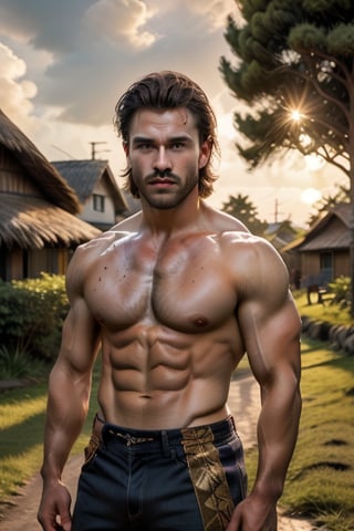 In a serene African village scene, strong, handsome males pose against a warm sunset background, their bronzed skin glistening in soft golden light. Vibrant hair paint and gleaming beads adorn their traditional attire, highlighting muscular physiques. A rustic thatched hut stands amidst lush greenery, with the majestic group proudly centered within the composition, bathed in a photorealistic 8k high-resolution glow.,jaeggernawt