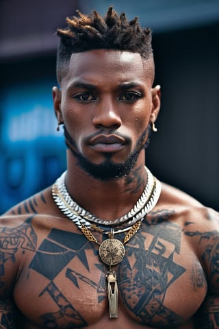 wallpaper, anime, 8k moda masculina, musculoskeletal, IA,Ia, tatuagem, best quality, masterpiece, (Handsome African- American guy, 24year old:1.5), (fantasy theme:1.4), Warrior costume, (body covered in words, words on body:0, tattoos of (words) on body:0), (a fine beard:0), (a Cruel look:1.2), a muscular body, 16K, (HDR:1.4), high contrast, bokeh:1.2, lens flare, head to thigh portrait, beautiful and aesthetic, vibrant color, Exquisite details and text
 8k, images realistic, art IA, wallpaper, anime, 4K moda masculina, musculoskeletal, IA,Ia, tatuagem, black men, inteligencia Artificial, 8k, images realistic, art IA, wallpaper, anime, 4K moda masculina, musculoskeletal, IA,Ia, tatuagem