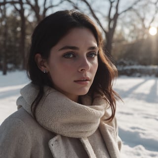 Photorealistic analog portrait of a 25-year-old French woman in winter, captured outdoors. The composition adheres to the rule of thirds, featuring dramatic lighting that accentuates her medium hair and detailed face. The background, rendered in raw and realistic detail, contributes to the overall atmosphere. The analog approach ensures a genuine and raw quality to the image, emphasizing the woman's unique features within the context of a summer setting.