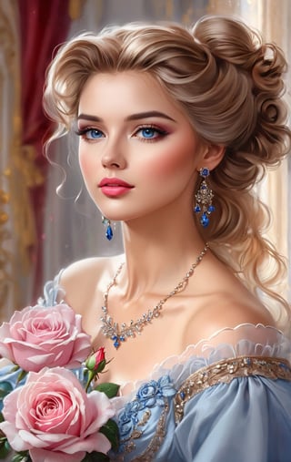 painting of woman in blue dress with rose, elegant digital painting, beautiful girl, princess portrait, fantasy victorian art, gorgeous woman, beautiful fantasy portrait, detailed beauty portrait, elegance digital art, detailed beautiful portrait, elegant portrait, princess portrait painting, Beautiful character drawing, fantasy style portrait, fantasy portrait art, beautiful fantasy girl