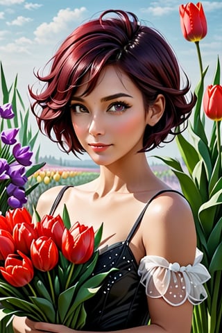 Oil painting, woman 45 years old, looking at the camera, with beautiful dark hair, short haircut, tulip flower in her hair on the side of her head, with a bouquet of spring red tulips, beautiful woman with spring flowers (beautiful dark hair), (beautiful hands), correct anonym , woman with tulips holding a large bouquet with two hands, hugging her, Girl in flowers, woman portrait with flowers, spring flowers tulips, wonderful spring mood, beautiful hair, digital oil painting, stunning digital painting, realistic digital art 4k, realistic digital art 4k,oil paint 