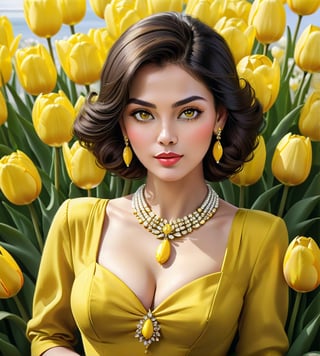 Portrait of a 50 year old woman in a yellow dress with a necklace and earrings, dark hair, very detailed eyes, expressive lips pressed to her chest ((bouquet of large yellow and white tulips: 1.25)), elegant digital art, beautiful digital illustration, stunning digital illustration , elegant digital painting, gorgeous woman, gorgeous beautiful woman, spring mood, beautiful flowers, beautiful digital images, very beautiful woman, exquisite digital illustration, elegant yellow skin, beautiful yellow woman, beautiful flowers, beautiful illustrations, modern darna portrait, beautiful woman ,